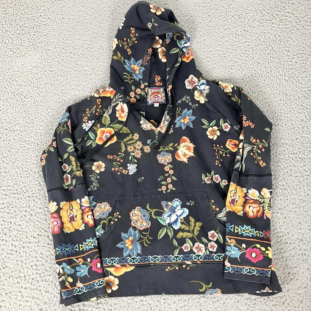 Johnny Was Ardel Hoodie Womens Medium Black Floral Graphic V Neck Pullover
